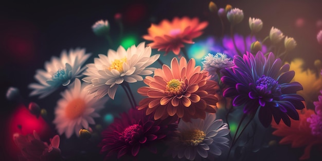 Bunter Bokeh-Blumenhintergrund Ein Ausbruch lebendiger Blüten Generative AI