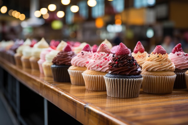 Bunter Cupcake-Stand auf dem generativen Bauernmarkt IA