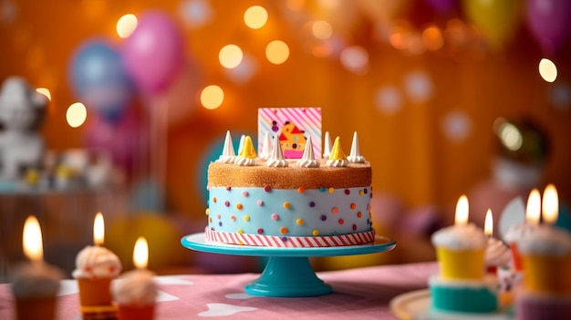 Bunter Geburtstagstisch mit Kuchen Generative KI