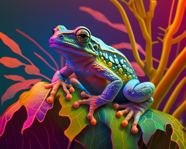 bunter gefärbter Frosch sitzt auf einem Blatt mit buntem Hintergrund