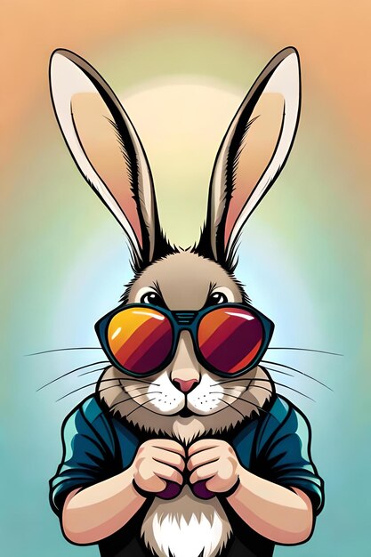 Foto bunter grafischer t-shirt-vektor eines süßen, glücklichen kaninchens mit sonnenbrille