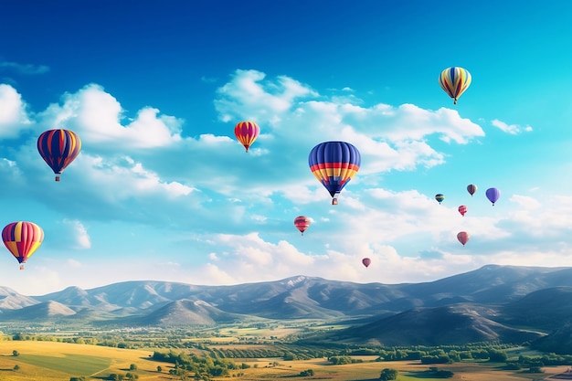 Bunter Heißluftballon fliegt über den Hügel vor strahlend blauem Himmel