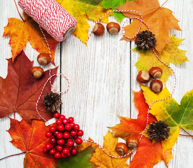 Bunter Herbstlaub und Haselnüsse