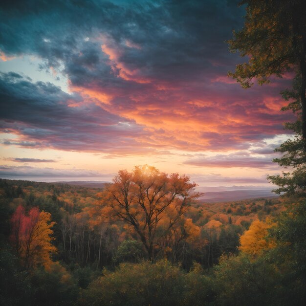 Bunter Himmel über baumbedecktem Wald, natürliche Pracht