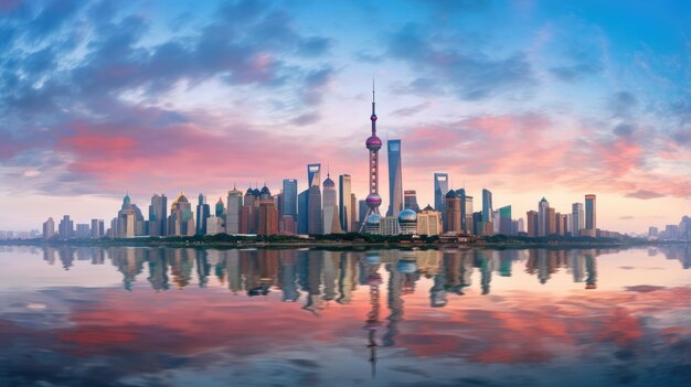 Bunter Himmel über der Skyline von Shanghai am Huangpu-Fluss bei Sonnenaufgang