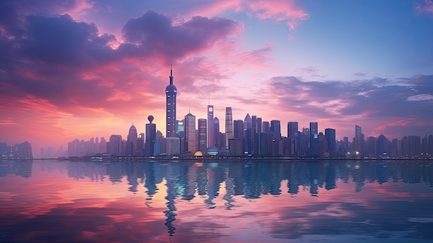 Bunter Himmel über der Skyline von Shanghai am Huangpu-Fluss bei Sonnenaufgang