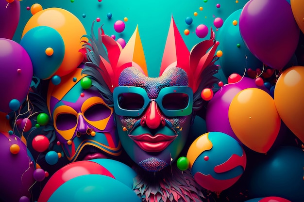 Bunter Hintergrund Karnevalsmaske und Ballon Generative AI