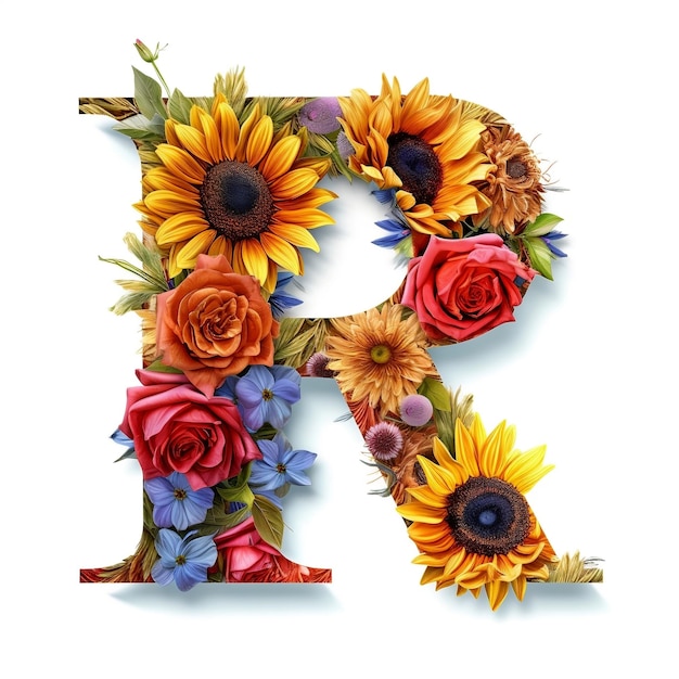 Bunter Illustrationsbuchstabe R mit Blumen und Sonnenblumen Generative KI