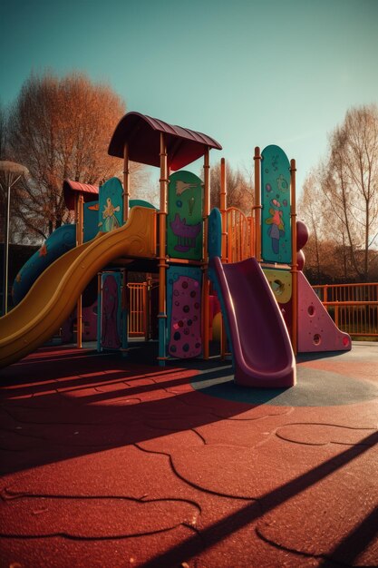 Bunter Kinderspielplatz im Park, der mit generativer KI-Technologie erstellt wurde