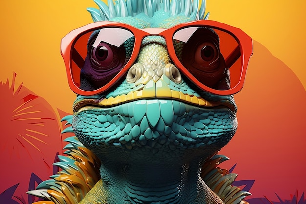 Bunter Leguan mit Sonnenbrille Cartoon isolierter Hintergrund generative KI