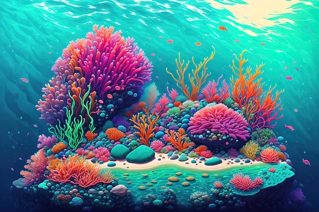Bunter Meereshintergrund mit felsigen Bodenfelsen, Algen und Korallen