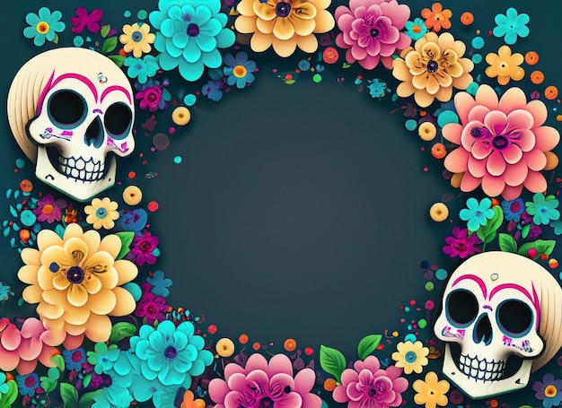 Bunter menschlicher Schädel und Blumenrahmen mit Kopierraum Konzept zum Tag der Toten