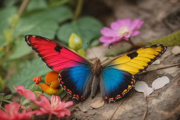 bunter Morpho-Schmetterling auf leuchtend orangefarbener Purslane-Blumen in Tautropfen