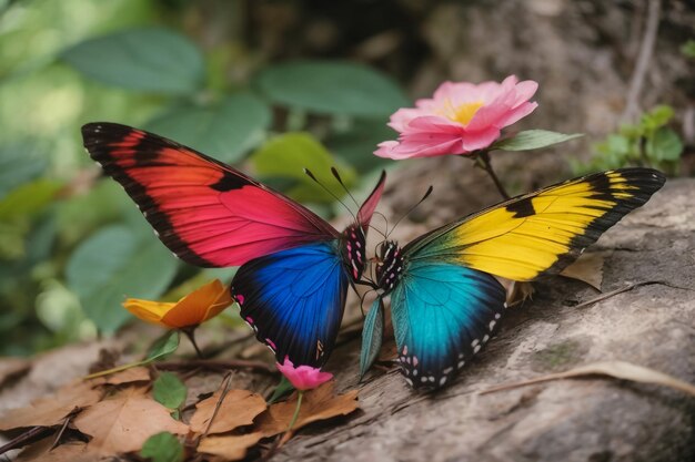 Foto bunter morpho-schmetterling auf leuchtend orangefarbener purslane-blumen in tautropfen