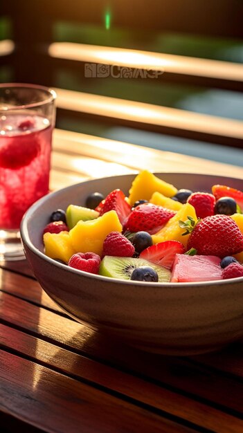 Bunter Obstsalat auf Holztisch bei Sonnenuntergang