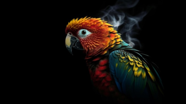 Bunter Papagei in Flammen isoliert auf schwarzem Hintergrund. Generative KI