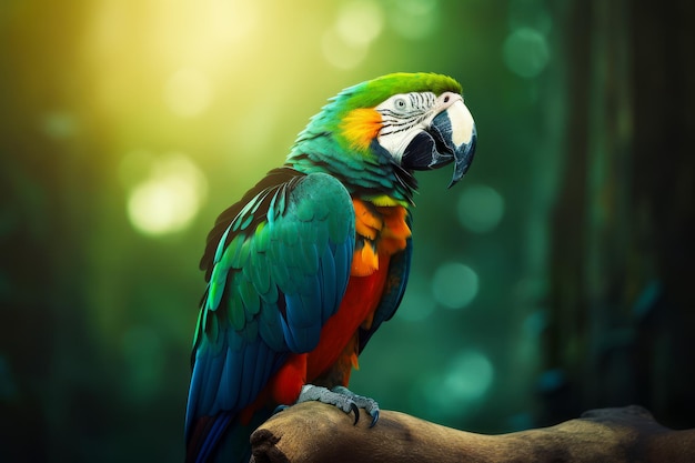 Bunter Papagei thront auf einem Ast neben dem Wald. Generative KI
