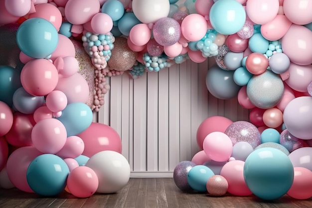 Bunter Party-Geburtstagshintergrund mit Luftballons, Babyparty-Interieur