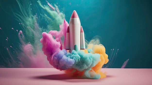 Bunter Raketenstart ins All mit Rauch in vielen Farben Generative KI