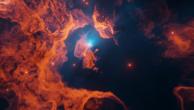 Bunter Raumhintergrund orange blauer Nebel, Sternenstaub und Sterne.Universum gefüllt mit Sternen, Nebel und Galaxien.Panoramaaufnahme, Breitformat.Artwork Hintergrund 3D-Illustration, digitales Bild mit Kopierraum
