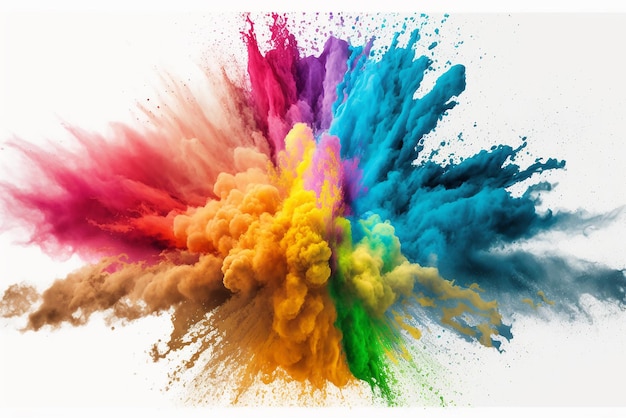 Bunter Regenbogen Holi Farbe Farbe Pulver Explosion isoliert weiß breites Panorama Hintergrund Ai generierte Kunst