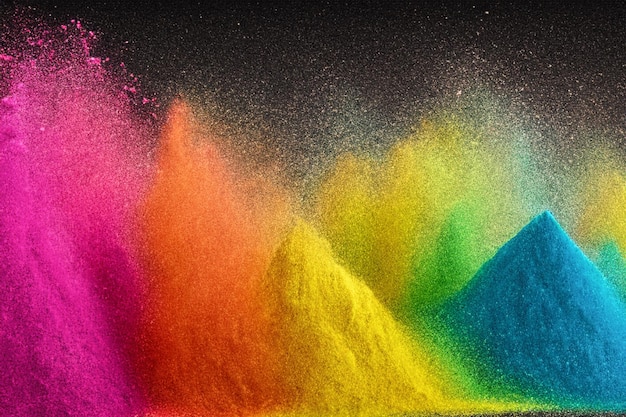 Bunter Regenbogen mit Pulverfarbe. Farbpulverexplosion. Helle Aussicht. Pastellfarben von Spritzern von Staubpartikeln. Bunte Pulverexplosion auf weißem Hintergrund. Bokeh-Unschärfe