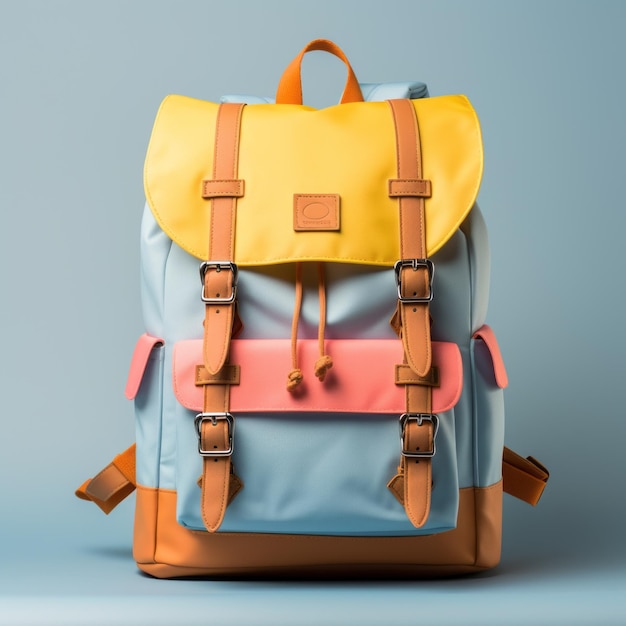 Bunter Rucksack auf blauem Hintergrund, lebendige und kontrastreiche Farben