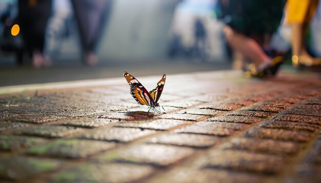 Bunter Schmetterling auf dem Gehweg einer belebten Straße, generiert durch KI