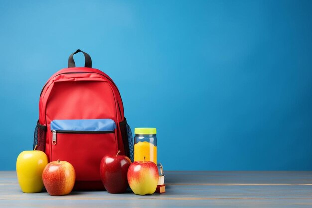 bunter Schulrucksack und Mittagessen mit Früchten