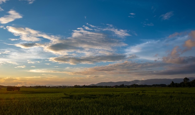 Bunter Sonnenuntergang und Sonnenaufgang mit Wolken Blaue und orange Farbe der Natur Viele weiße Wolken am Himmel