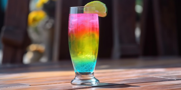 bunter tropischer Cocktail auf einem Holztisch an einem sonnigen Tag mehrfarbige Limonade