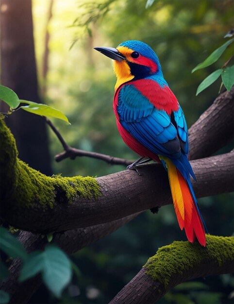 bunter und roter Vogel auf einem Zweig im Wald