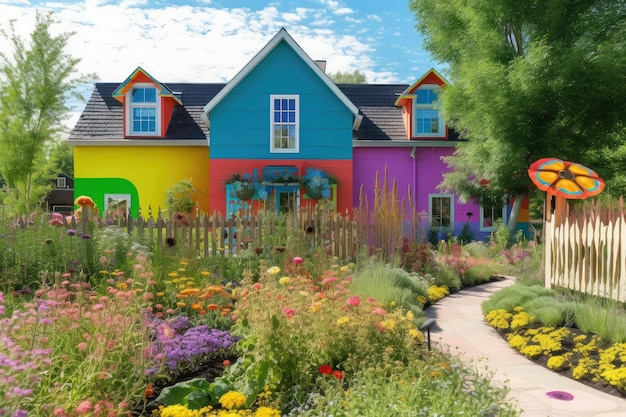 Bunter und skurriler Garten mit einer modernen Bauernhausfassade im Hintergrund