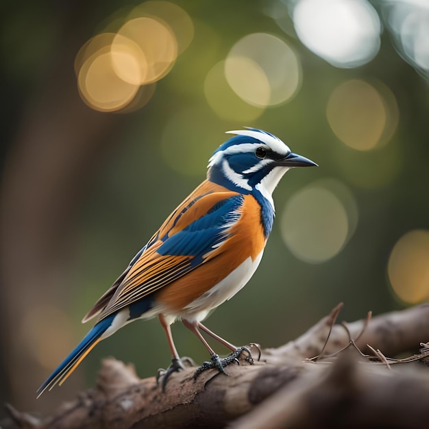 Bunter Vogel, der auf einem Ast mit generativem Bokeh-Hintergrund steht