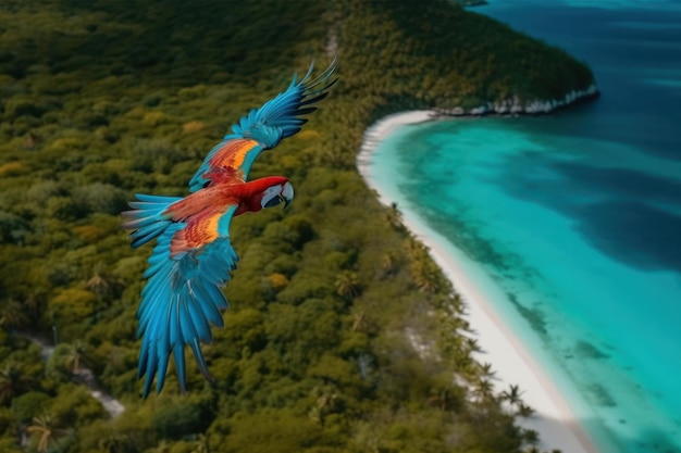 Bunter Vogel, der über kristallklarem Wasser und Sand schwebt