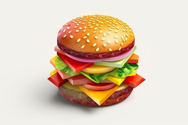 Buntes 3D-Symbol des Burgers, 3D-Rendering, weißer Hintergrund, isometrischer, durchscheinender C4D-Mixer, saubere Generierung einer KI