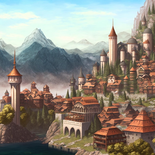 Buntes Bild der Stadt im Fantasy-Stil