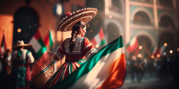 Buntes Fest auf den Straßen Mexikos zur Feier des Cinco de Mayo mit einem mexikanischen Hut und einer mexikanischen Flagge