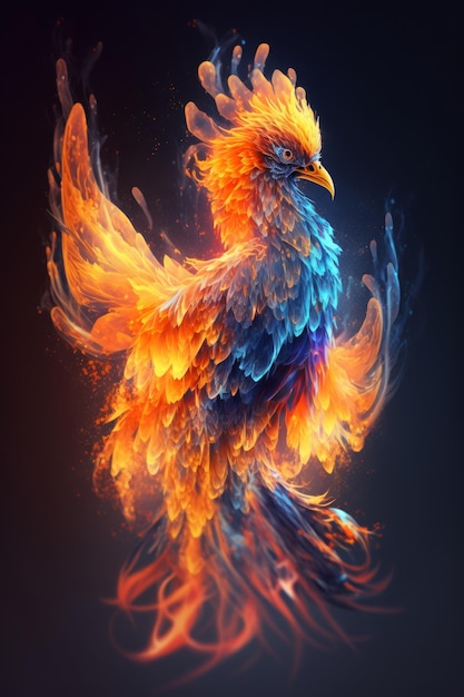 Buntes Feuer Phoenix auf schwarzem Hintergrund Generative KI