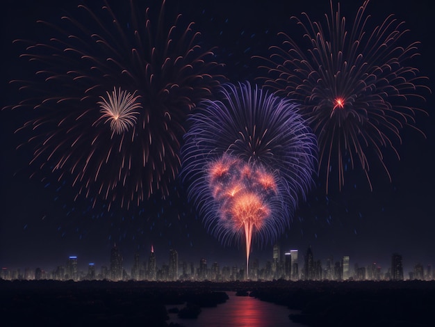 Buntes Feuerwerk am Nachthimmel mit einem Stadtbild von New York, USA
