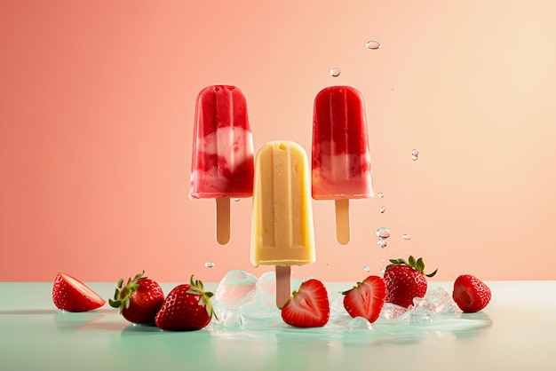 Buntes fliegendes Eis mit Eis und Erdbeeren auf dem Tisch