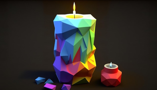 Buntes geometrisches Low-Poly-Lichtflammenbild der Kerzenlampe. Ai-generierte Kunst