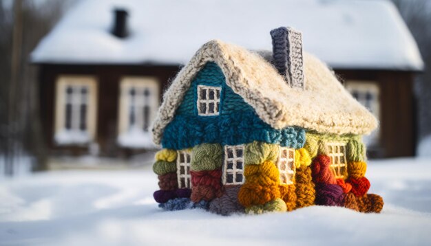 Foto buntes gestricktes wollhaus im schneehaus-isolierungskonzept, ki generiert