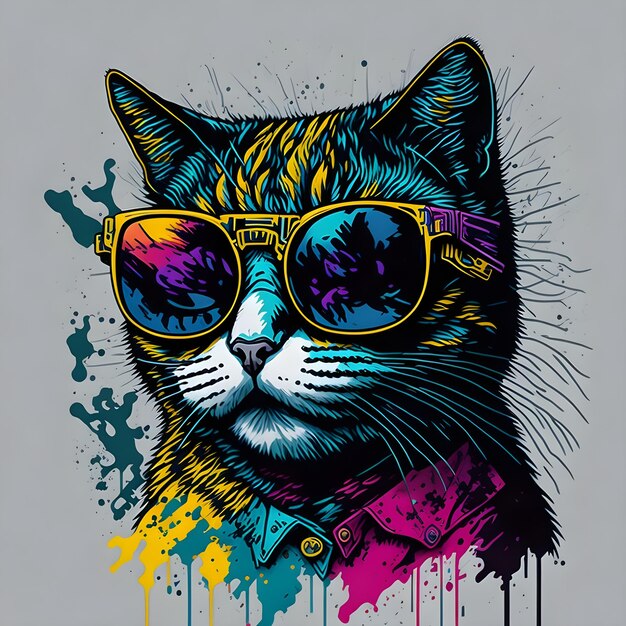 Buntes Graffiti einer lustigen Katze, die ein Hemd und eine Sonnenbrille trägt, druckbares Design für T-Shirt