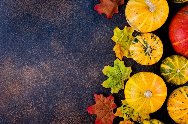 Buntes Herbstlaub und Kürbis auf weißem Hintergrund. Kopieren Sie Platz für Text. Konzept für Herbst, Herbst oder Erntedankfest. Flache Lage, Ansicht von oben,