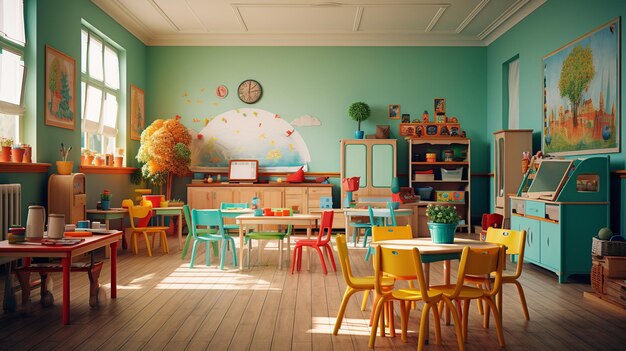 Buntes KINDERGARTEN-Klassenzimmer mit Spielzeug und Lehrmaterialien