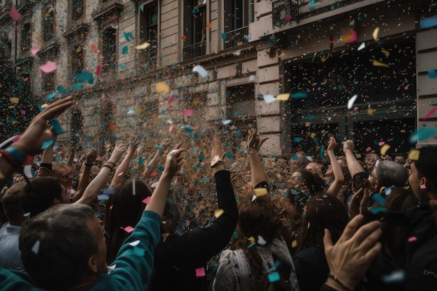 Buntes Konfetti wird von einer Menschenmenge in die Luft geworfen