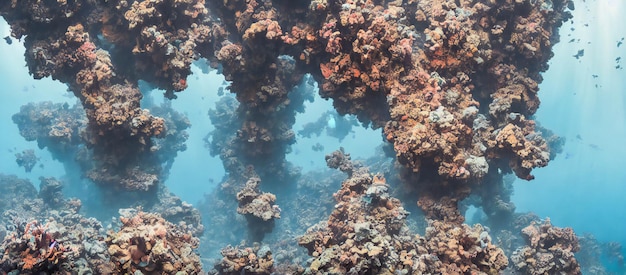 Buntes Korallenriff-Ökosystem unter Wasser, blauer klarer Ozean, 3D-Darstellung