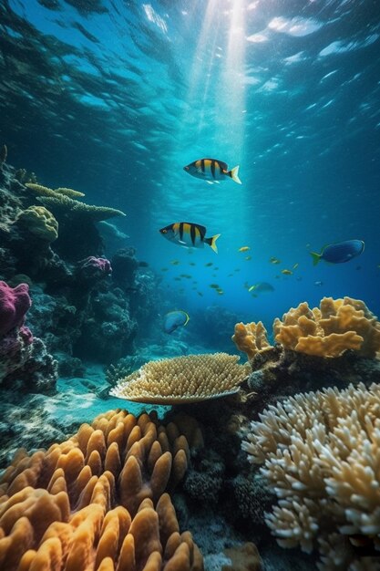 Buntes Korallenriff mit Fischen im klaren blauen Wasser Unterwasserfotografie