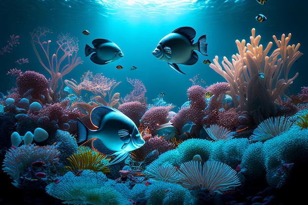 Buntes Korallenriff und Fische Saubere Unterwasserweltszene Erstellt mit generativer KI-Technologie